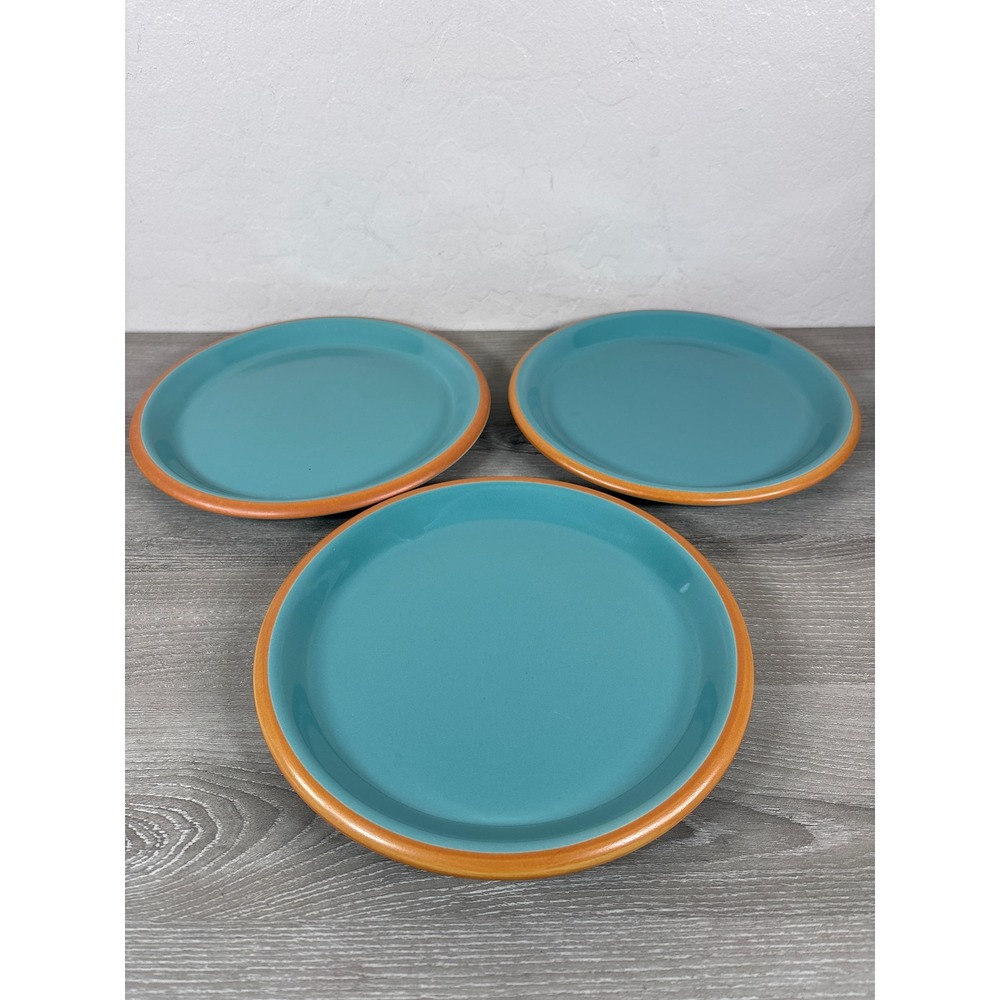 Set of 3 Crown Corning Japan Teal Blue Terracotta Rim Salad Plates 7.5 Inch